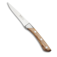 The Palace Steak Knives Set of 6 by Alain Saint-Joanis feature pointed, slightly curved shiny stainless steel blades and light brown wooden handles with three metal rivets, combining precision and elegance reminiscent of handmade craftsmanship.