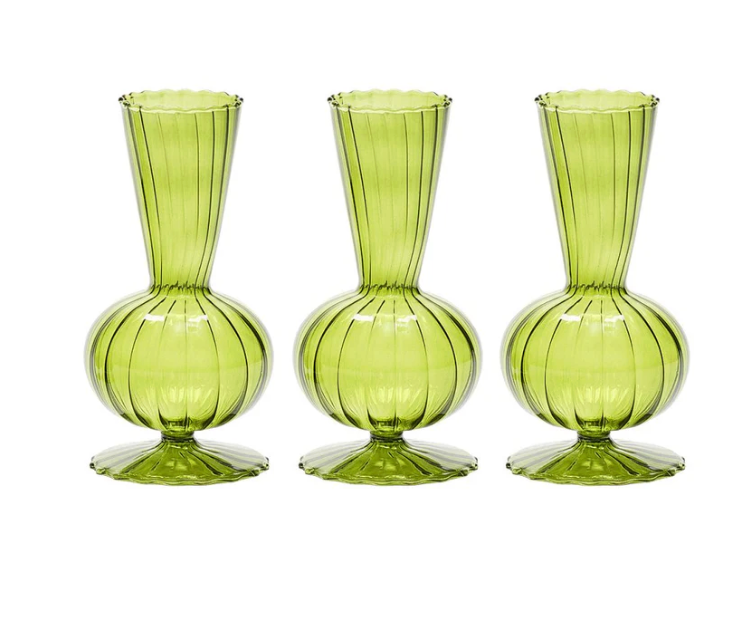 The Kim Seybert Tess Bud Vase Set of 3 in Olive features identical hand-blown vases with vertical stripes, bulbous bases, and flared rims, arranged side by side against a white background.