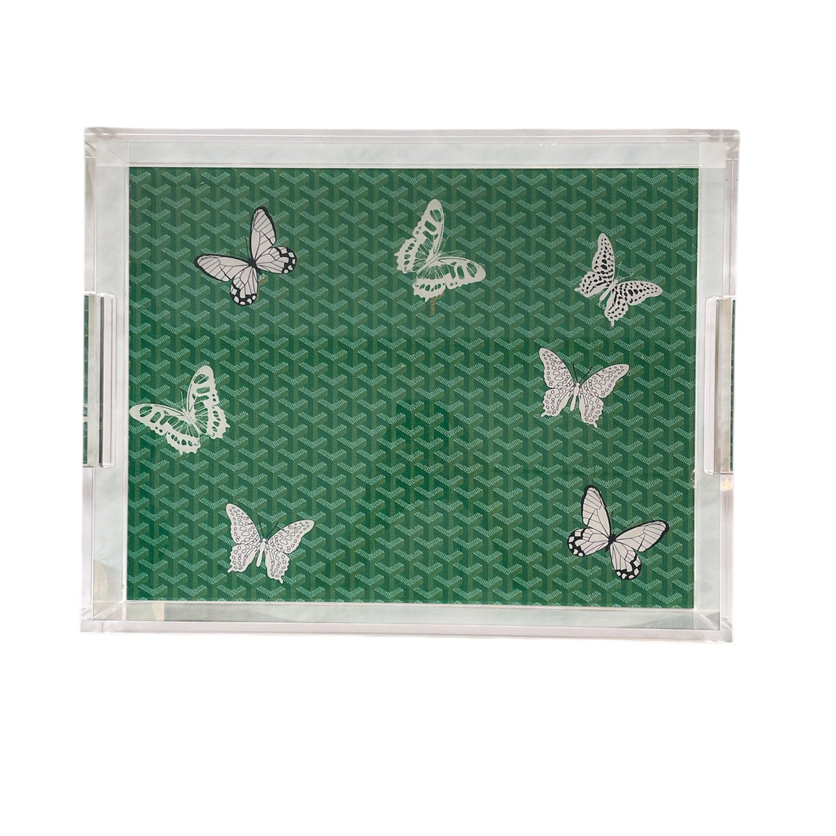 The Eye Candy Grandeur Maison Tray - Green Butterflies (14 x 18) features a geometric green base adorned with six white butterflies in assorted sizes.