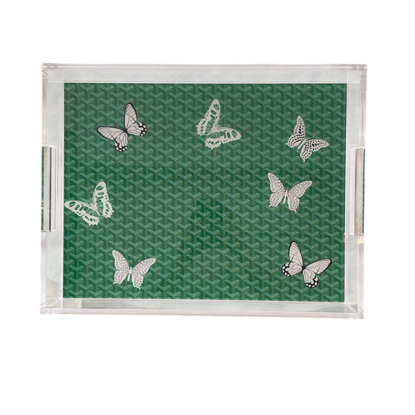 The Eye Candy Grandeur Maison Tray - Green Butterflies (14 x 18) features a geometric green base adorned with six white butterflies in assorted sizes.