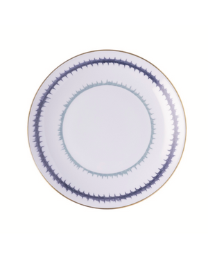 A round white Marie Daage Rafia 4 Platinum plate features a gold rim and two decorative blue patterns, showcasing the refined elegance of hand-painted Marie Daâge porcelain dinnerware.