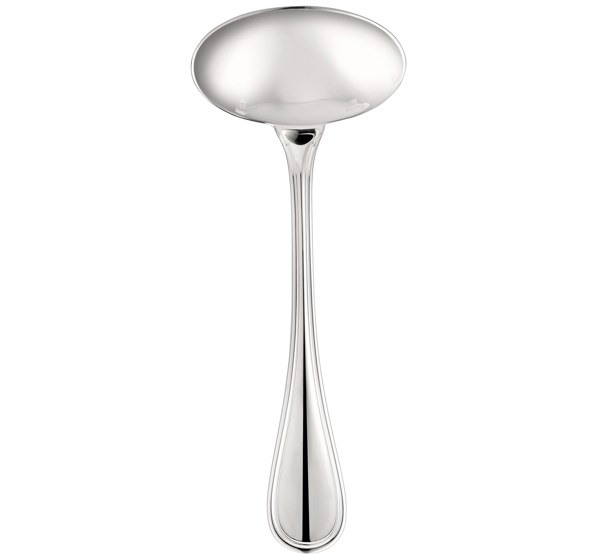A polished stainless steel ladle with a rounded bowl and smooth handle, shown on a light gray background, complements the Christofle Albi Serving Pieces - Silver Plated for refined table settings.
