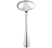 A polished stainless steel ladle with a rounded bowl and smooth handle, shown on a light gray background, complements the Christofle Albi Serving Pieces - Silver Plated for refined table settings.