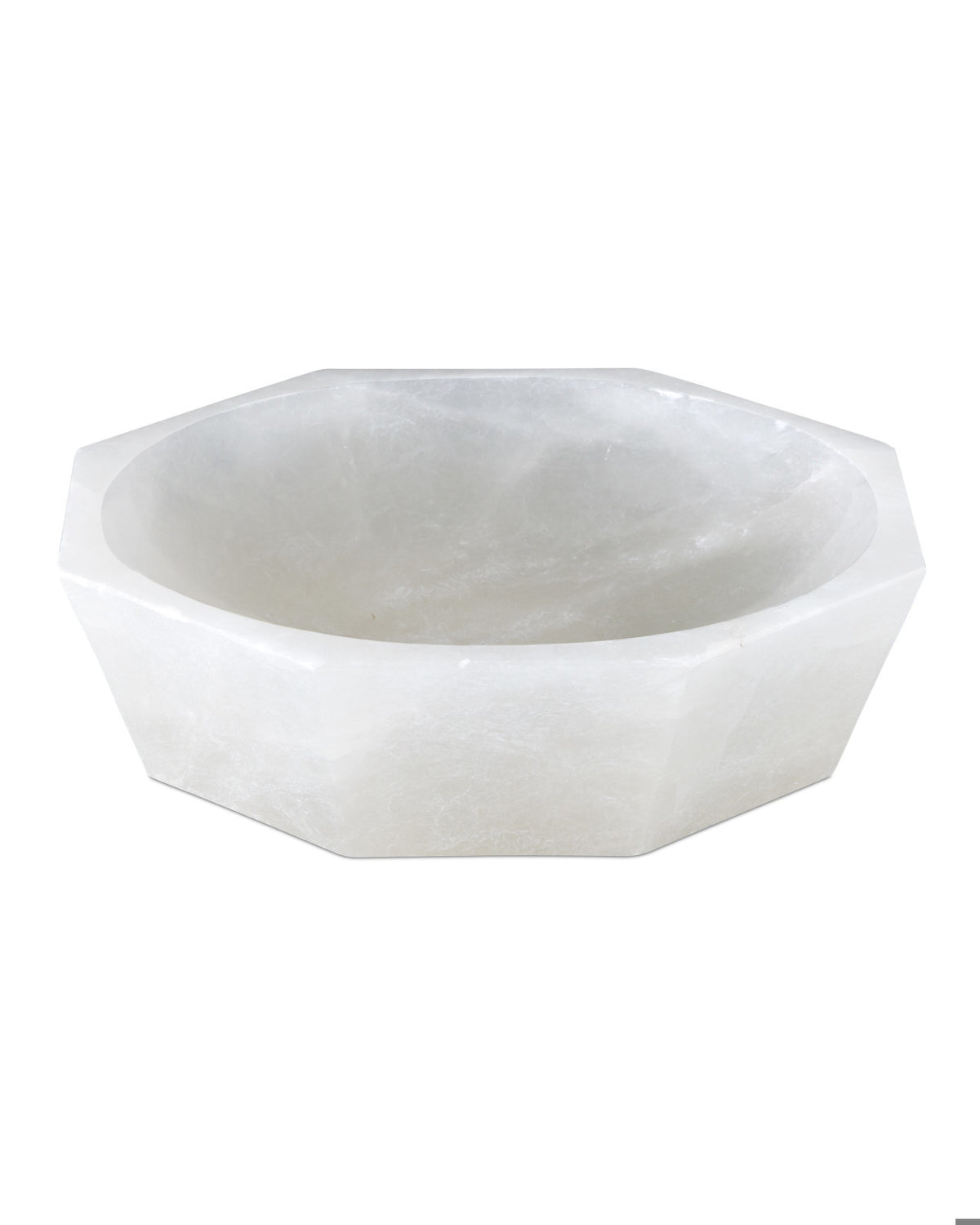 The Masonry White Marble Bowl by Currey & Company features smooth, translucent octagonal edges—an elegant white marble centerpiece perfect for any decor.