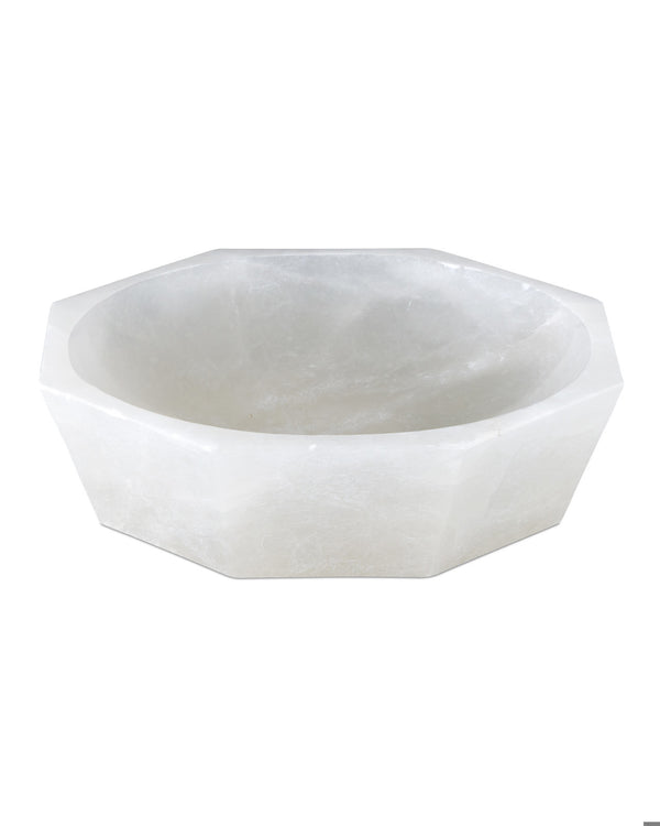 The Masonry White Marble Bowl by Currey & Company features smooth, translucent octagonal edges—an elegant white marble centerpiece perfect for any decor.