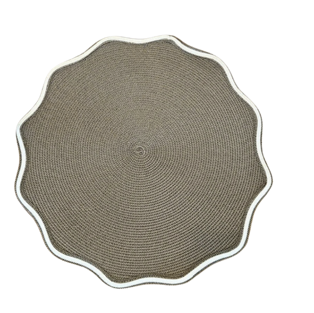 The Deborah Rhodes Autumn Piped Oxford Placemat Natural Set of 4 features round brown woven placemats with white scalloped edges, perfect for elevating your autumn table setting. Shown on a plain white background.