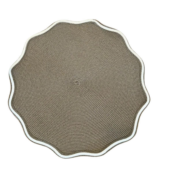 The Deborah Rhodes Autumn Piped Oxford Placemat Natural Set of 4 features round brown woven placemats with white scalloped edges, perfect for elevating your autumn table setting. Shown on a plain white background.