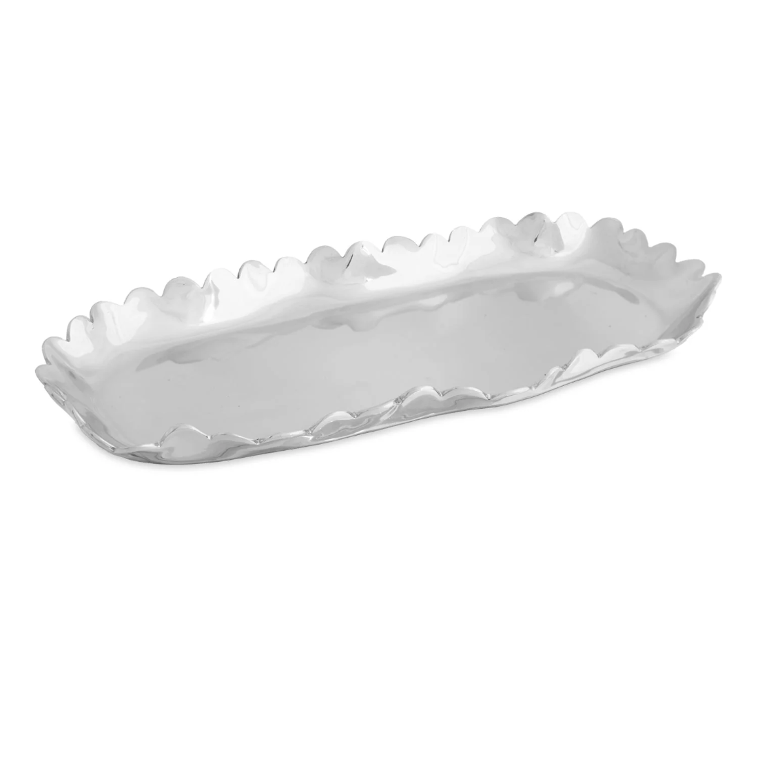 The Beatriz Ball Vento Colette Oblong Tray, a shiny rectangular aluminum serving tray with wavy, ruffled edges, is displayed on a white background—perfect as a handmade gift for any occasion.