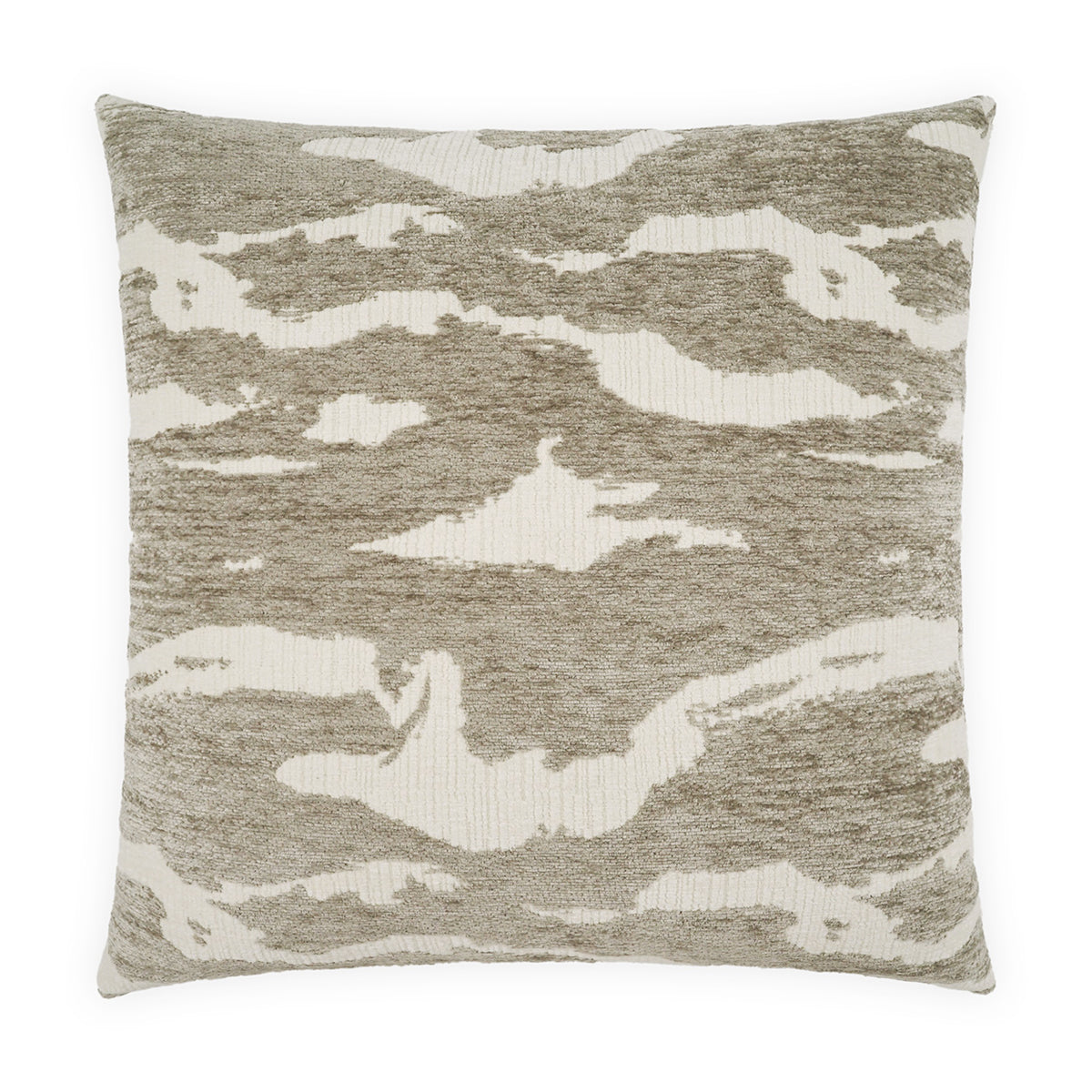 The Felix Dove Pillow by D.V. KAP / Canaan Company features a taupe and cream abstract design, adding modern elegance to any room.