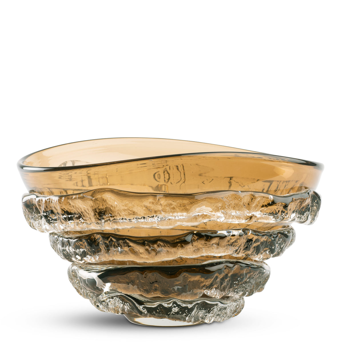 The Modena Amber Bowl by FlowDecor Inc. features amber textured glass with an irregular rim and layered sides reminiscent of stacked rings, bringing a sculptural, organic accent to any space.