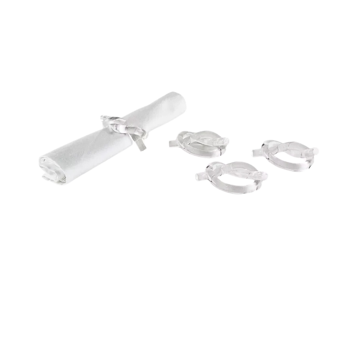 The Tizo Lucite Knot Napkin Ring Set of 4, inspired by mid-century modern style, is shown on a white background—one ring holds a rolled white napkin while the other three are placed beside it.