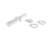 The Tizo Lucite Knot Napkin Ring Set of 4, inspired by mid-century modern style, is shown on a white background—one ring holds a rolled white napkin while the other three are placed beside it.