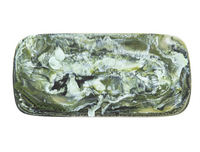 The Swirl Colored Resin Rectangle Platter by Nashi Home features green, white, and black marbled patterns with an abstract design and slightly raised edges.