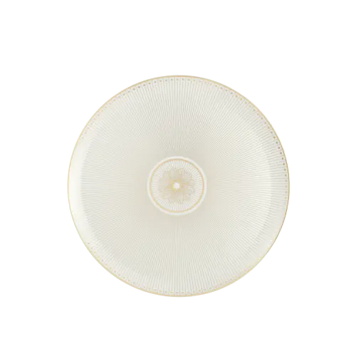 A round, white porcelain dinner plate from the Christofle Malmaison Imperiale Gold collection, featuring elegant gold detailing, viewed from above against a plain white background.
