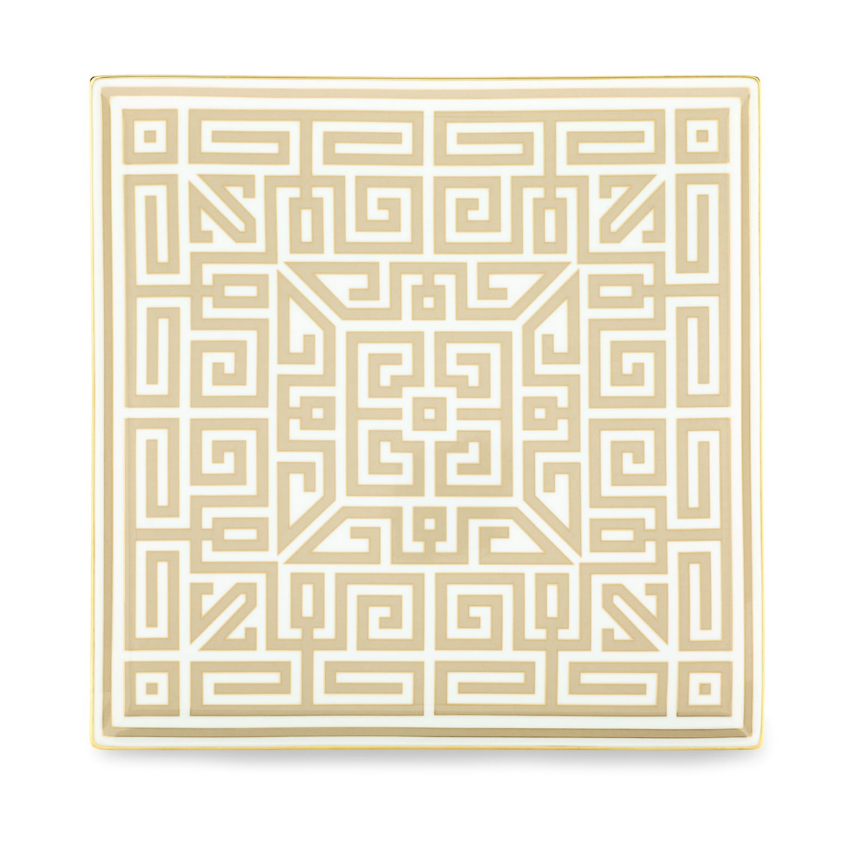 The Labirinto Dinnerware - Cashemire square ceramic plate by Ginori 1735 features a gold Greek key pattern on white, with maze-like symmetrical lines inspired by Gio Ponti's design.