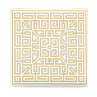 The Labirinto Dinnerware - Cashemire square ceramic plate by Ginori 1735 features a gold Greek key pattern on white, with maze-like symmetrical lines inspired by Gio Ponti's design.