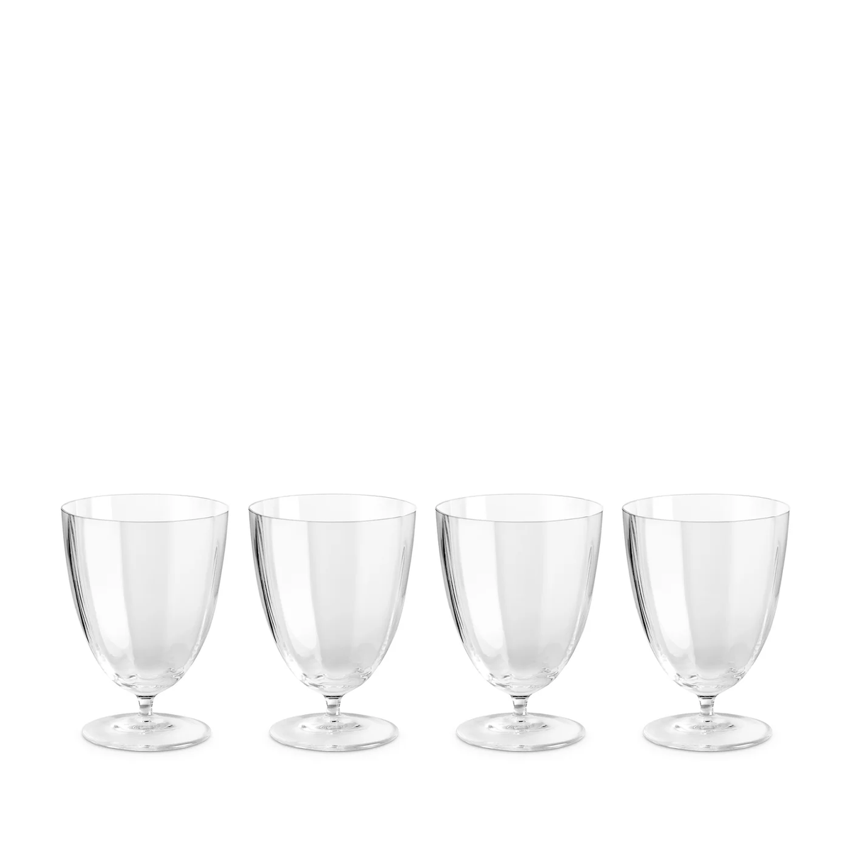 Four clear, stemmed glasses from the L'Objet Iris Drinkware Collection are arranged in a row on a white background, featuring mouth-blown rounded bowls and sturdy bases.