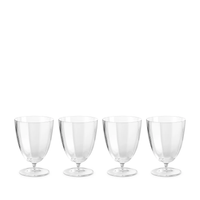 Four clear, stemmed glasses from the L'Objet Iris Drinkware Collection are arranged in a row on a white background, featuring mouth-blown rounded bowls and sturdy bases.