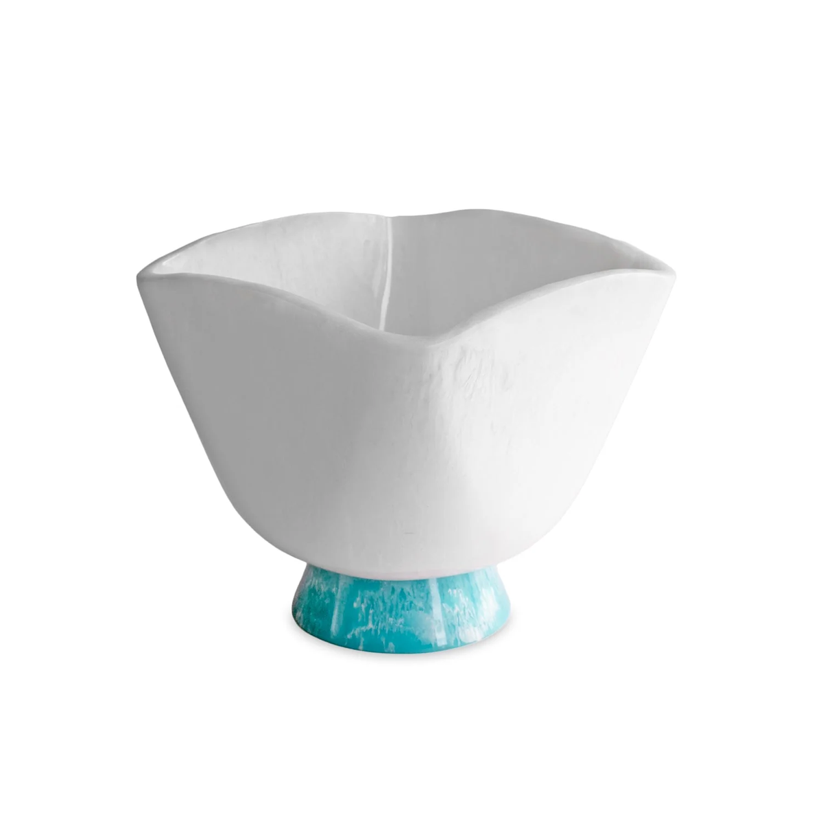 Introducing the Beatriz Ball Resin Rio Wine Bucket in White & Turquoise—a distinctive bar accessory featuring a wavy, flower-like rim and a small, round turquoise base.