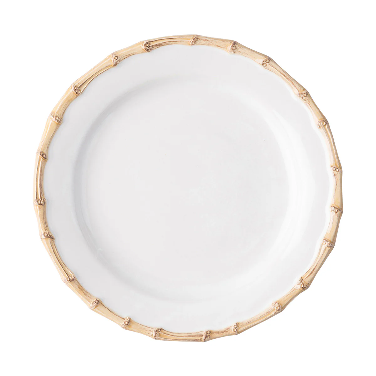 The Juliska Bamboo Dinnerware is a white ceramic plate with a raised rim styled like light brown bamboo stalks, shown from above on a white background.