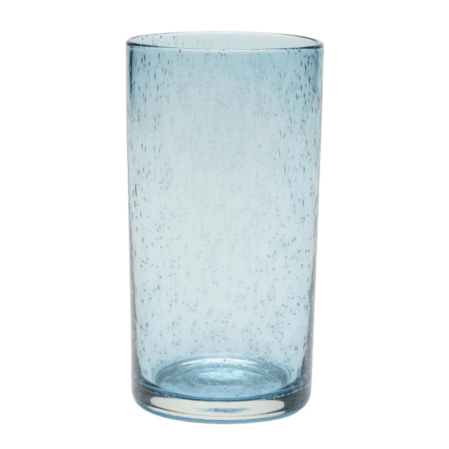 The Quinn Glassware Set/6 by Blue Pheasant features tall, charcoal blue highball tumblers with a cylindrical design and small air bubbles—perfect for adding creative flair to any table setting.