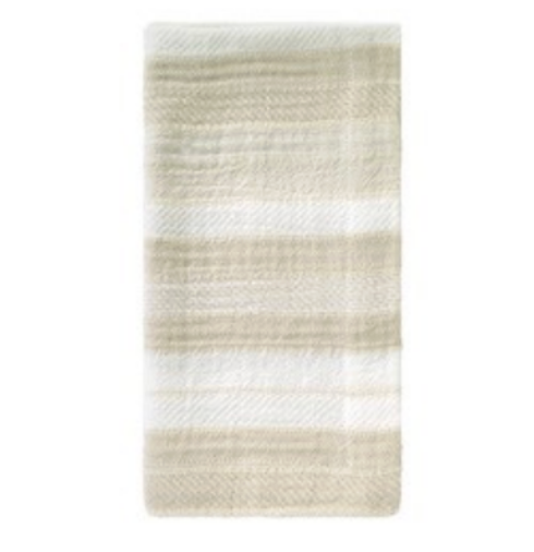 The Bodrum Aegean Stripe Napkin Set of 4 in beige features soft, rectangular napkins with horizontal beige and white stripes in a subtle gradient, elegantly displayed flat against a white background.