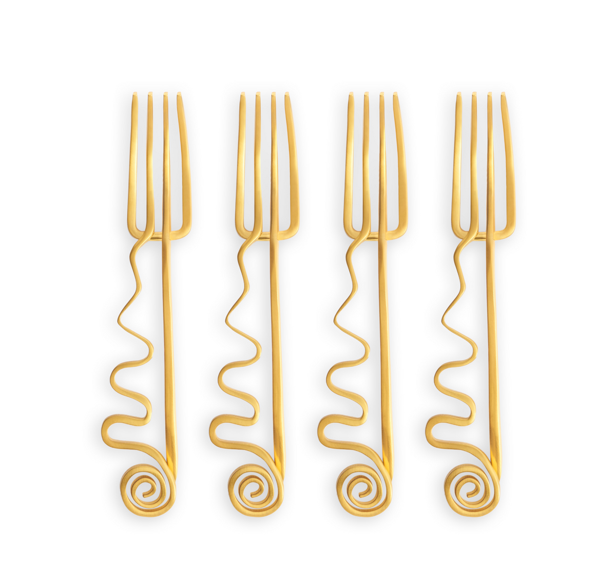 The L'Objet Spirale Gold Cocktail Forks Set of 4 features 24k gold plated forks with intricate spiral handle designs, elegantly arranged on a white background—an ideal luxury table addition or sophisticated gift box set.