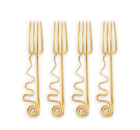 The L'Objet Spirale Gold Cocktail Forks Set of 4 features 24k gold plated forks with intricate spiral handle designs, elegantly arranged on a white background—an ideal luxury table addition or sophisticated gift box set.