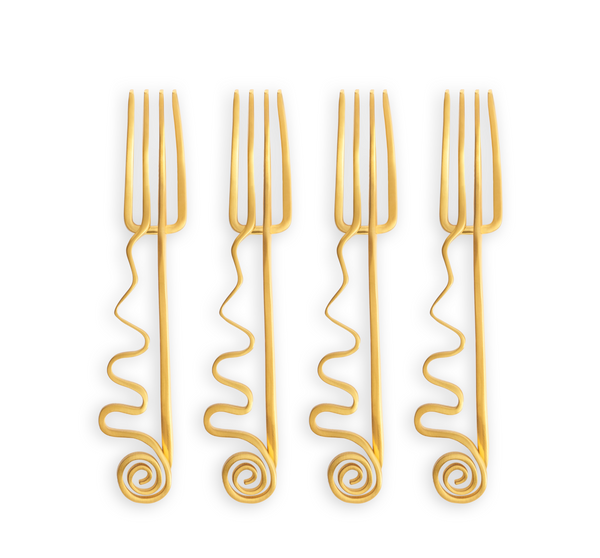 The L'Objet Spirale Gold Cocktail Forks Set of 4 features 24k gold plated forks with intricate spiral handle designs, elegantly arranged on a white background—an ideal luxury table addition or sophisticated gift box set.