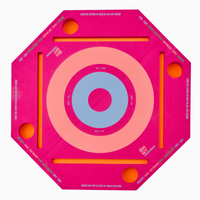 The Mahjong Aqua Pool Mat by Oh My Mahjong is a pink octagonal game board with a circular blue-purple target, four corner holes, straight grooves, and white instructions on the edges, inspired by a pool Mahjong mat.