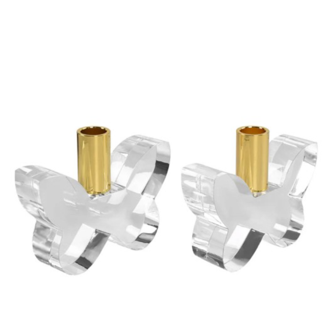 The Lainy Home Butterfly Candleholders Set of 2 features clear acrylic butterfly designs with gold holders, combining charm and sophistication—perfect for elegant decor displayed against a white background.