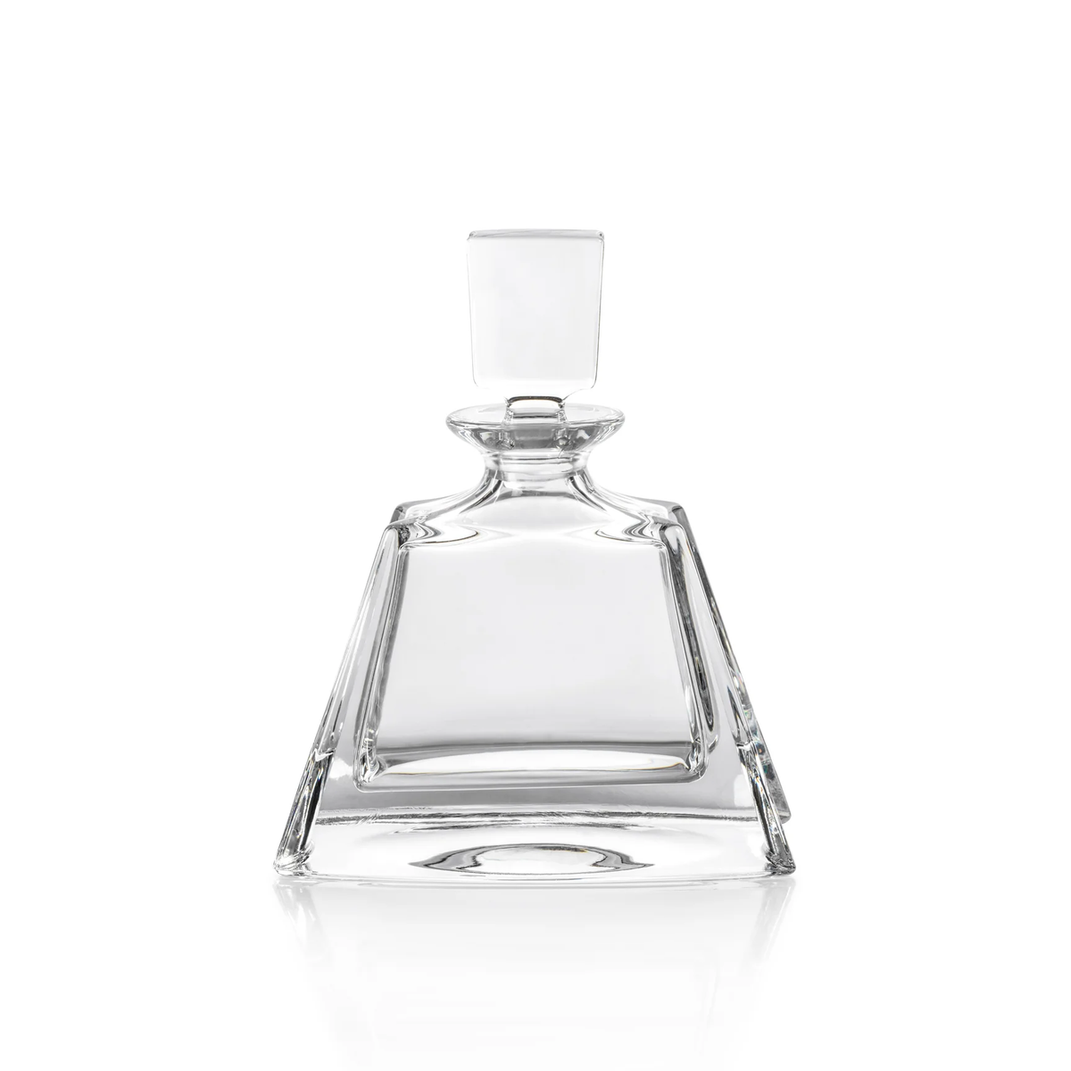 The Zodax Noelle Crystal Decanter features a clear, empty crystal design with a wide base, angled sides, and a square glass stopper. Displayed against a white background, this elegant piece of barware is perfect for elevating your home bar.