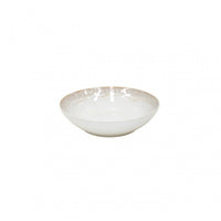 The Casafina Taormina Dinnerware White bowl is a shallow, round fine stoneware piece with a subtle beige and gray textured rim, shown here against a plain white background.