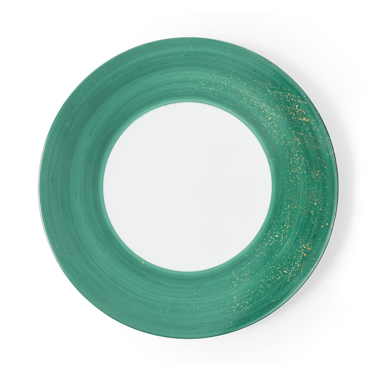 The Molecot Golden Green Dinnerware is a round plate with a wide green border, white center, and a subtle gold-speckled pattern on one rim, evoking hand-painted charm. Photographed against a white background.