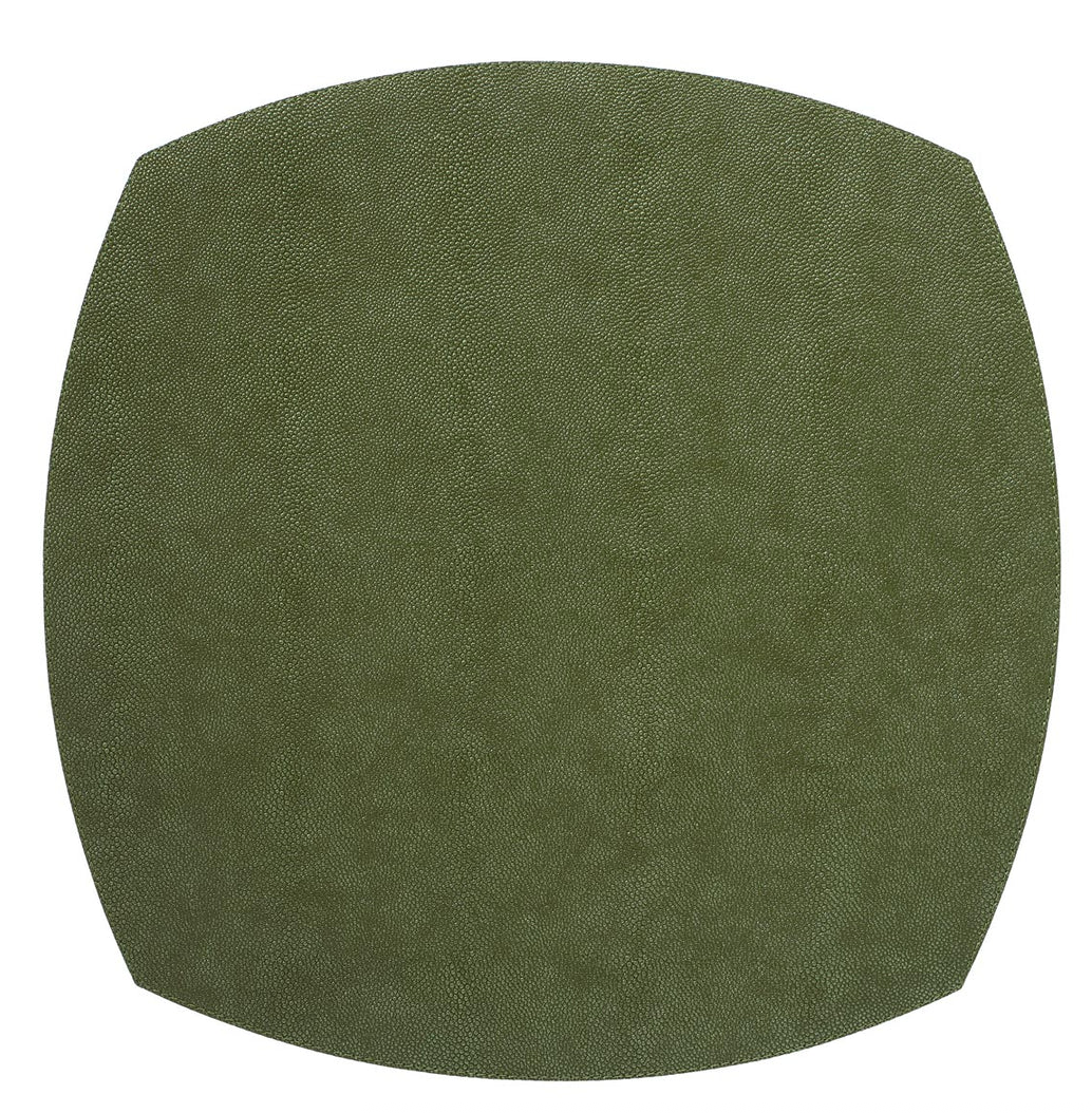The Stingray Elliptic Square Placemat Set of 4 by Bodrum features textured, olive green, phthalate-free vinyl mats—perfect for modern dining. Shown against a white background.