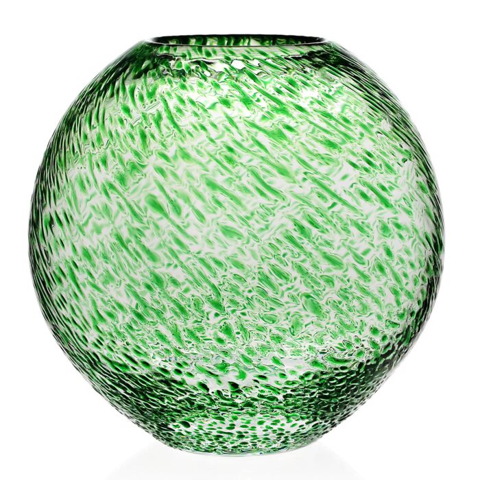 The Florence Vase Green by William Yeoward is a round glass vase featuring a textured green and clear pattern that resembles swirling leaves or grass, set against a white background.