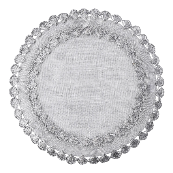 The Isadora Placemat Set of 4 by Juliska features round, light gray linen placemats with decorative scalloped edges and intricate embroidered patterns.