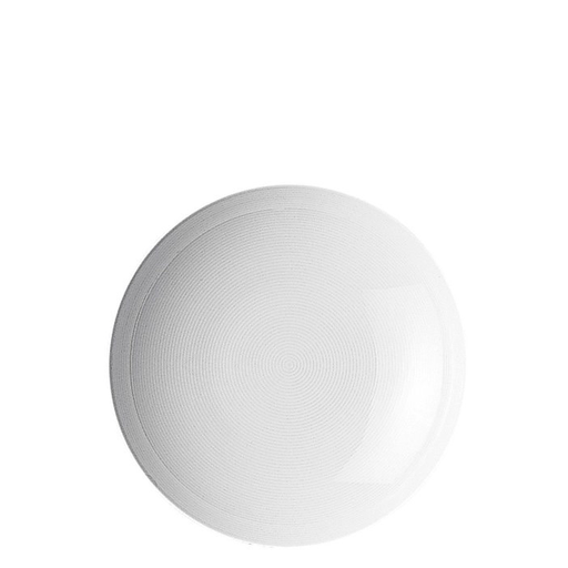 A round, rimless soup bowl with a subtle textured pattern from above on white—a sleek piece of white dinnerware from the Loft Everyday White Dinnerware collection by Thomas For Rosenthal.