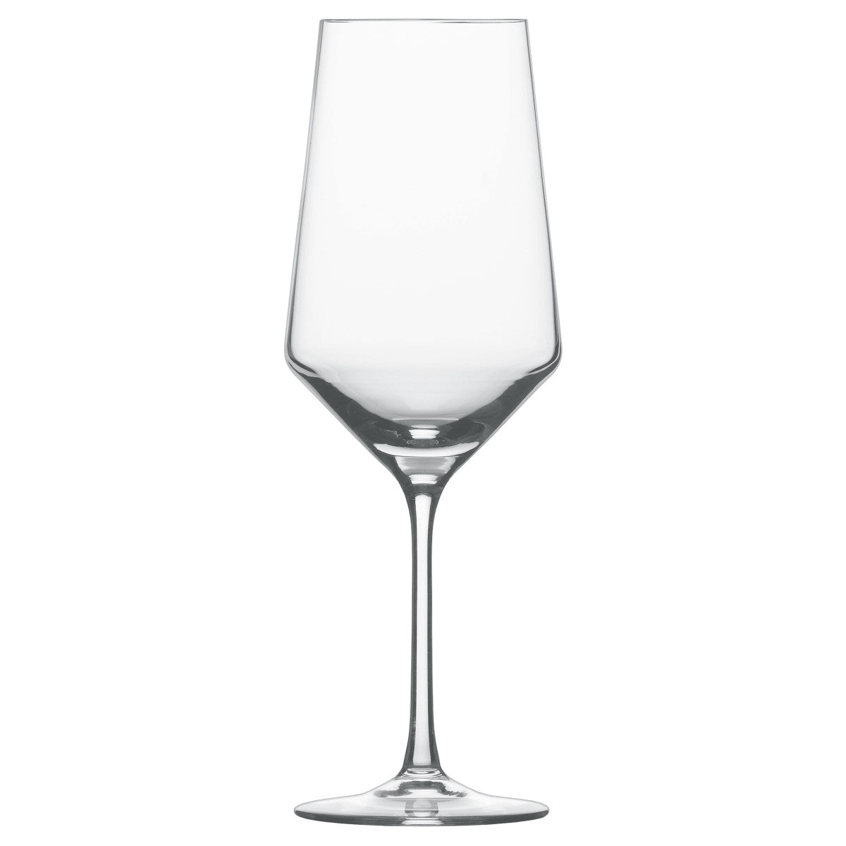 A clear, empty Zweisel Pure Barware wine glass by Zwiesel Fortessa, featuring a long stem and wide bowl crafted from Tritan material, is photographed against a plain white background.