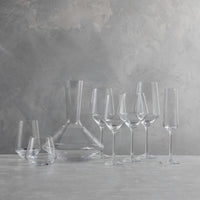 The Zwiesel Fortessa Zweisel Pure Barware set, made of durable Tritan, features a decanter, two stemless wine glasses, three wine glasses, and two champagne flutes arranged on a light surface against a textured gray background.