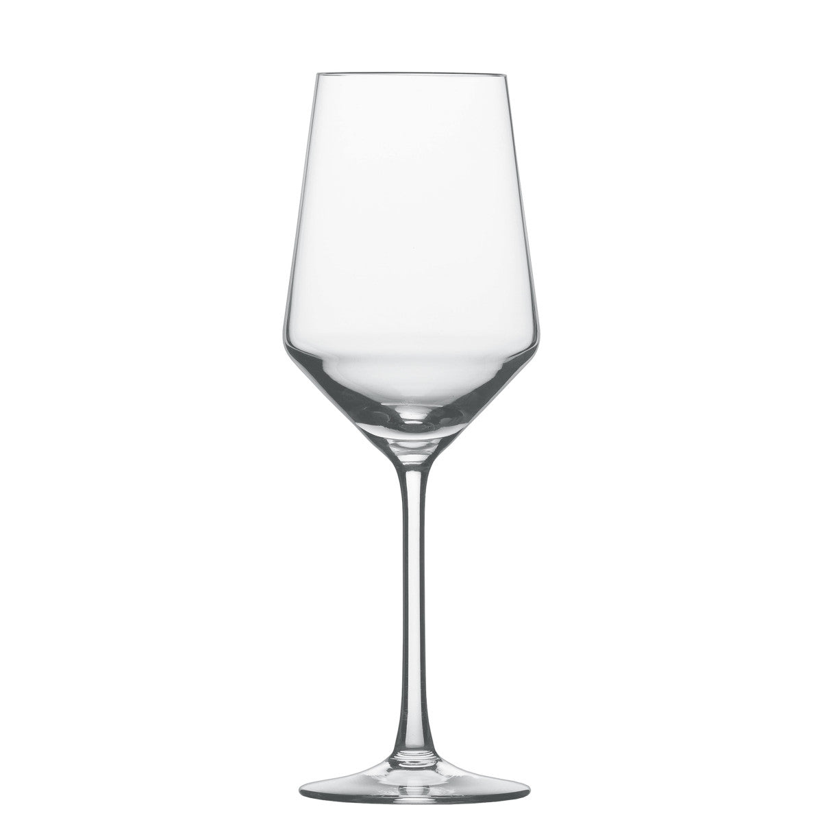A clear, empty Zweisel Pure Barware wine glass by Zwiesel Fortessa, featuring a long stem and wide bowl made from durable Tritan, stands upright against a plain white background.