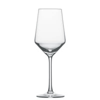 A clear, empty Zweisel Pure Barware wine glass by Zwiesel Fortessa, featuring a long stem and wide bowl made from durable Tritan, stands upright against a plain white background.