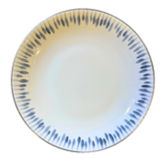 The Allee de Cypres 3 Platinum Rim Dinnerware by Marie Daâge is a round white Limoges porcelain plate featuring hand-painted short blue brush strokes around the rim for an elegant touch.