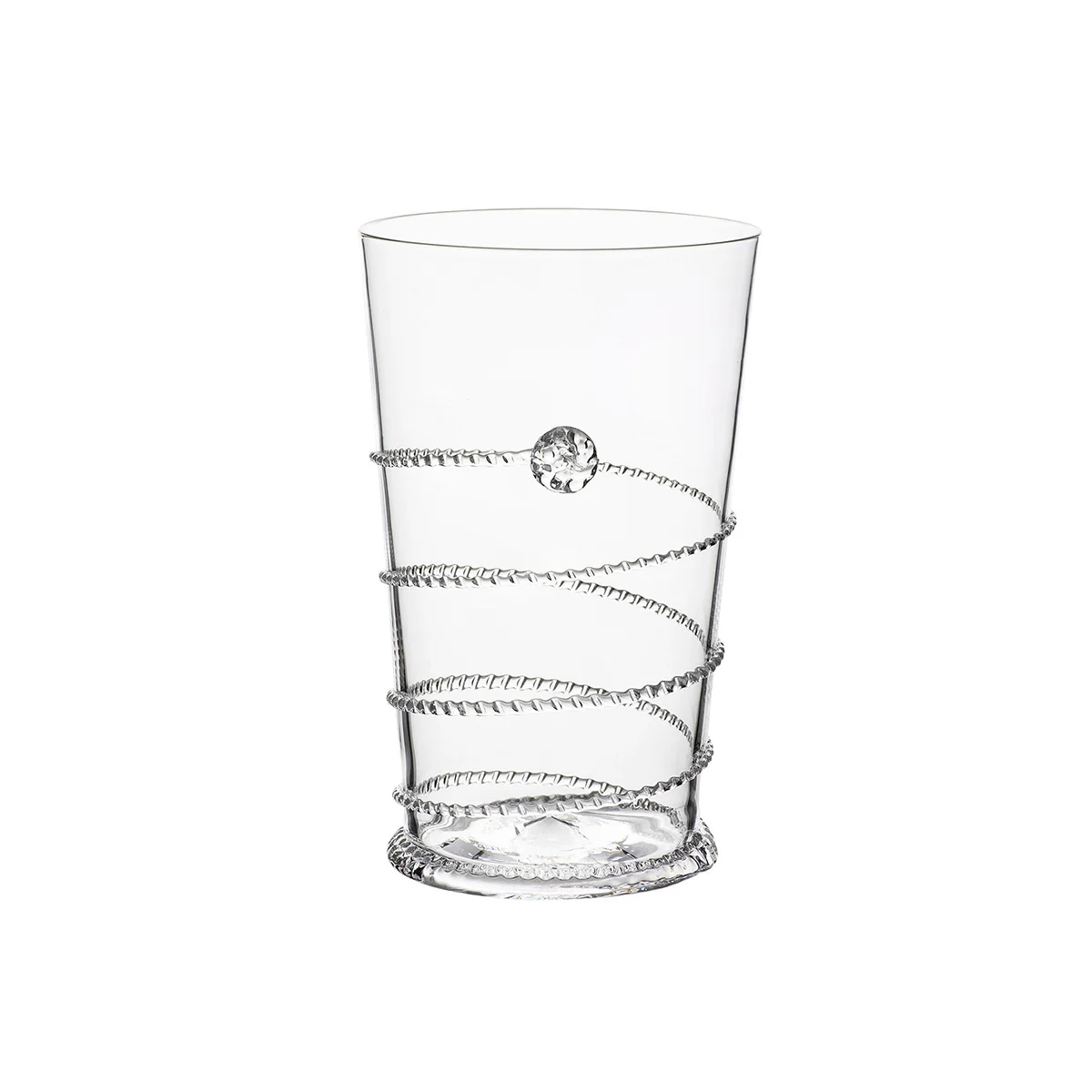 The Juliska Amalia Glassware is a clear handmade tumbler featuring a spiraling textured silver band and a single round crystal accent near the top, displayed against a plain white background.