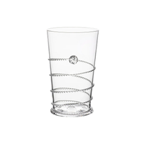 The Juliska Amalia Glassware is a clear handmade tumbler featuring a spiraling textured silver band and a single round crystal accent near the top, displayed against a plain white background.