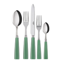 The Sabre Icone Flatware 5 Piece Setting features shiny 18/10 stainless steel and green handles, including a dinner spoon, knife, fork, salad fork, and teaspoon—all arranged side by side on a white background.