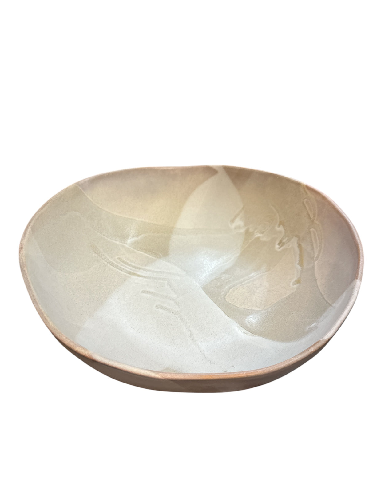 The Round Ceramic Bowls - Stone by Alex Marshall Studios feature a smooth, glossy beige and light brown marbled finish, showcasing handcrafted ceramic artistry against a white background.