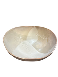 The Round Ceramic Bowls - Stone by Alex Marshall Studios feature a smooth, glossy beige and light brown marbled finish, showcasing handcrafted ceramic artistry against a white background.