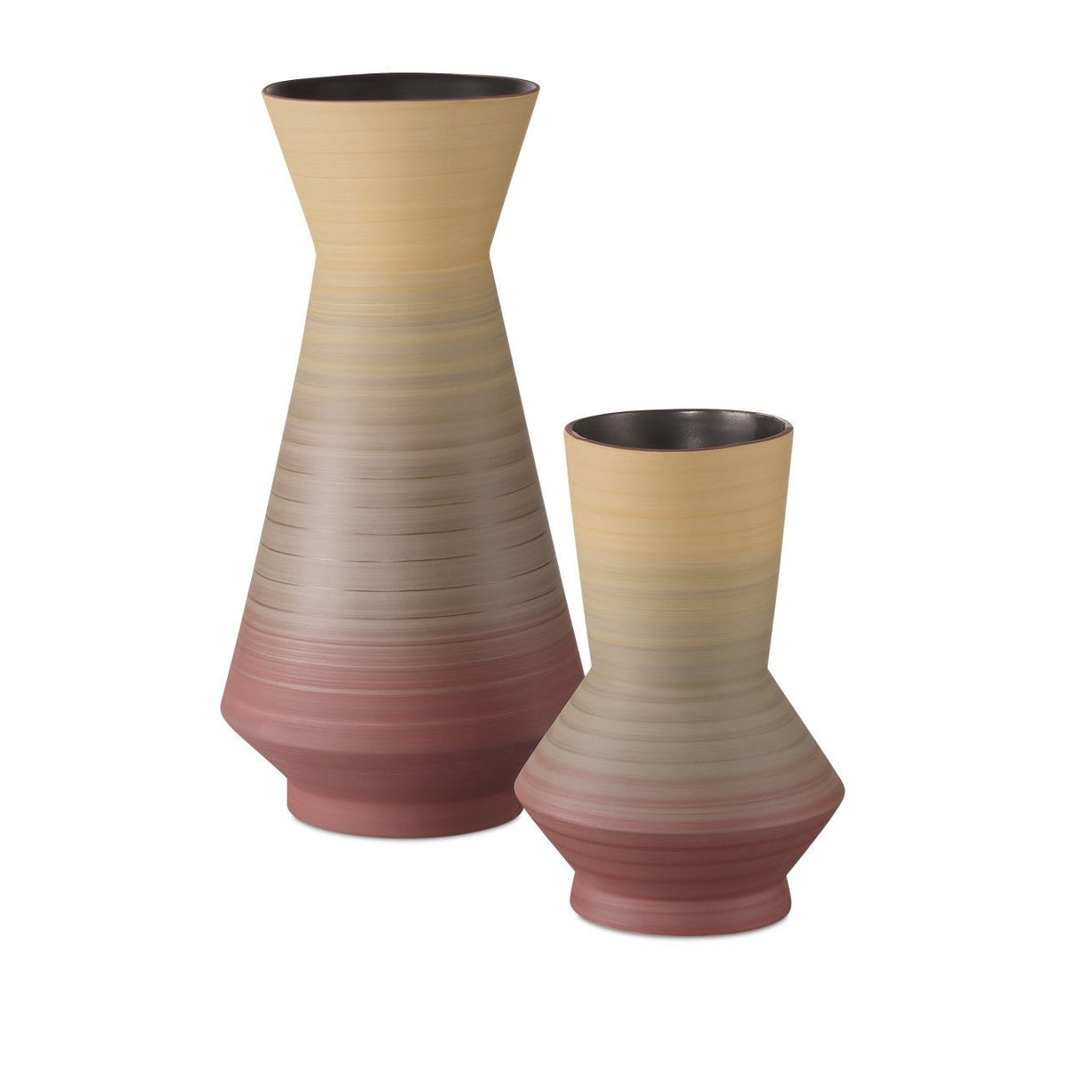 The Balayage Vase Set of 2 by Currey & Company features modern geometric porcelain vases with matte finishes, subtle horizontal ridges, and a beige-to-dusty pink gradient—making them a stylish accent for any space.