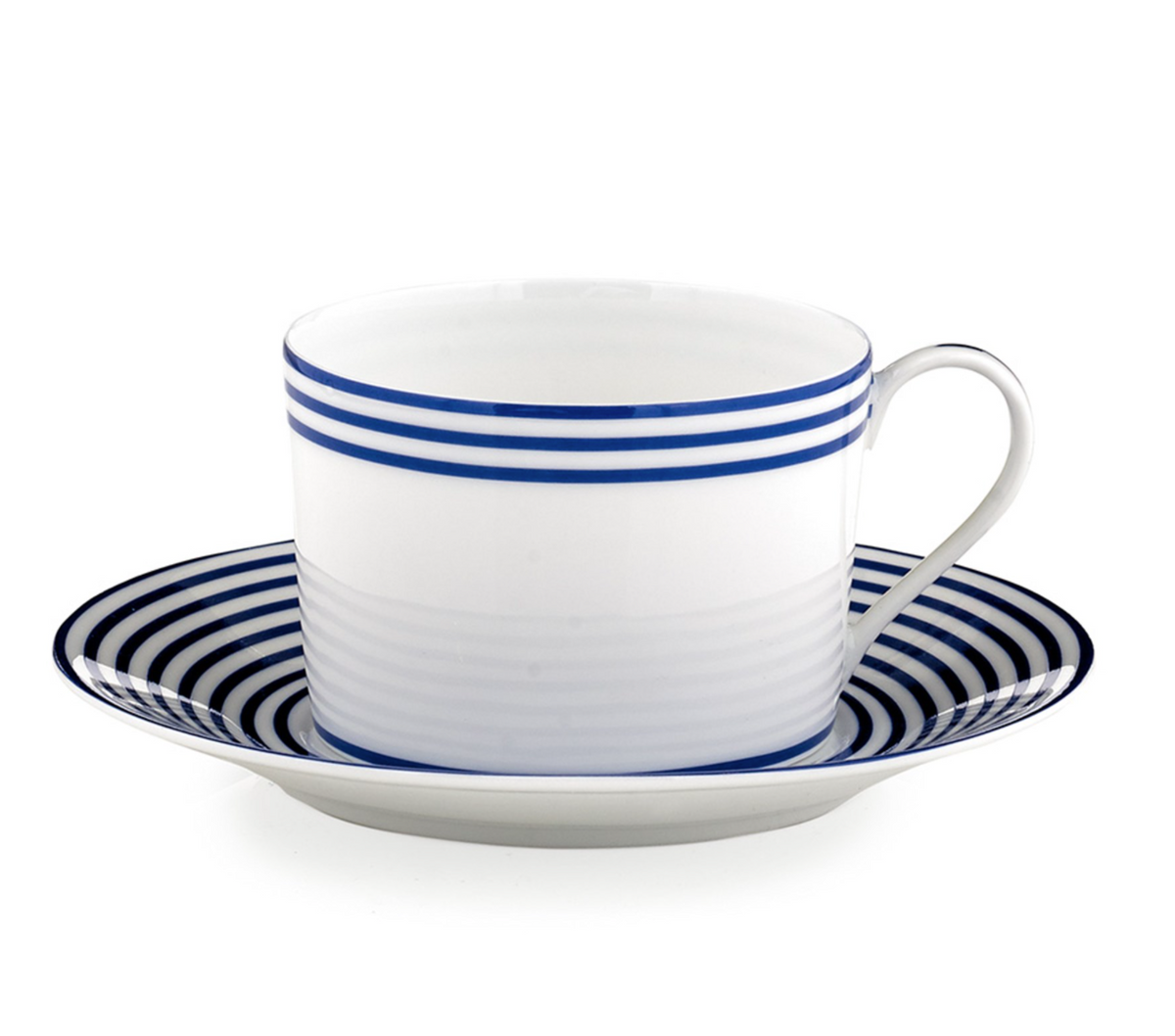 A white Latitudes Dinnerware teacup by Royal Limoges features blue horizontal stripes and sits on a matching saucer, both crafted from fine Limoges porcelain.